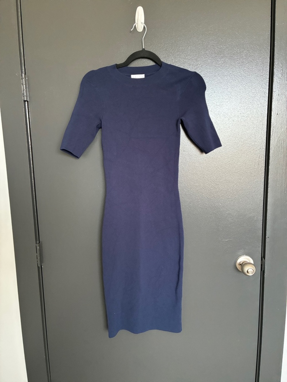 Leith Navy Short-Sleeve Midi Knit Dress